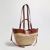 Handwoven Straw Leather Tote Bag - Brown