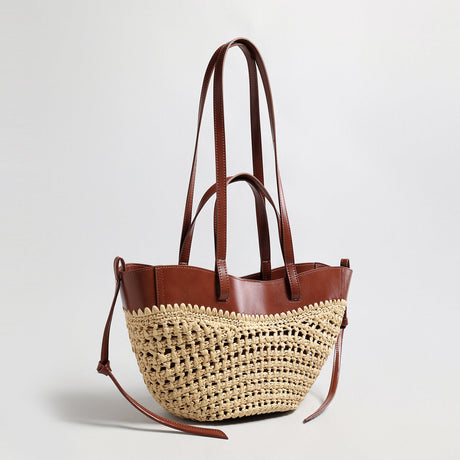Handwoven Straw Leather Tote Bag - Brown