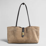Suede Leather Turn-Lock Tote Bag - Oat