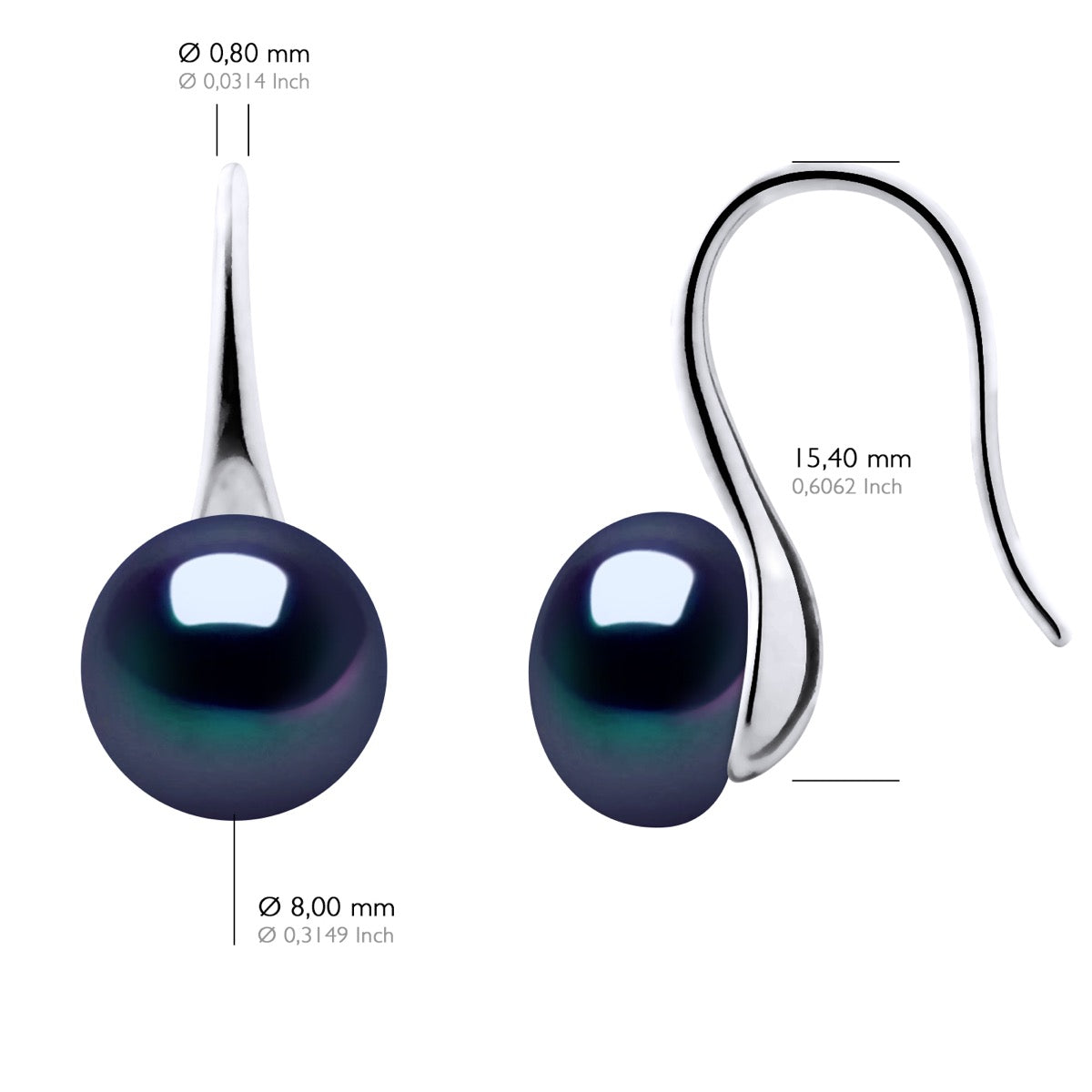 Earrings Real Cultured Freshwater Pearls Button 8-9 mm - Black "Tahitian Style"