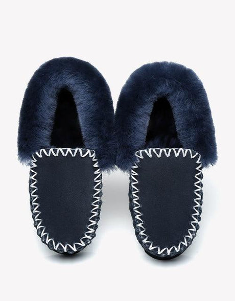 Popo Cow Suede Moccasin in Navy Blue