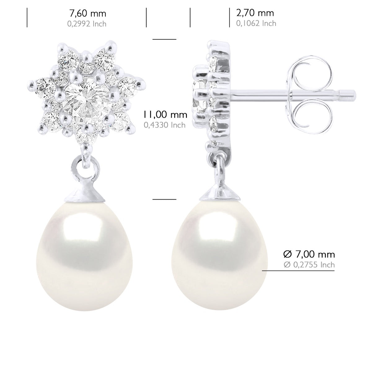 Earrings Real Cultured Freshwater Pearls Pear 7-8 mm - Natural White - Height Design Zirconia 0,60 cm
