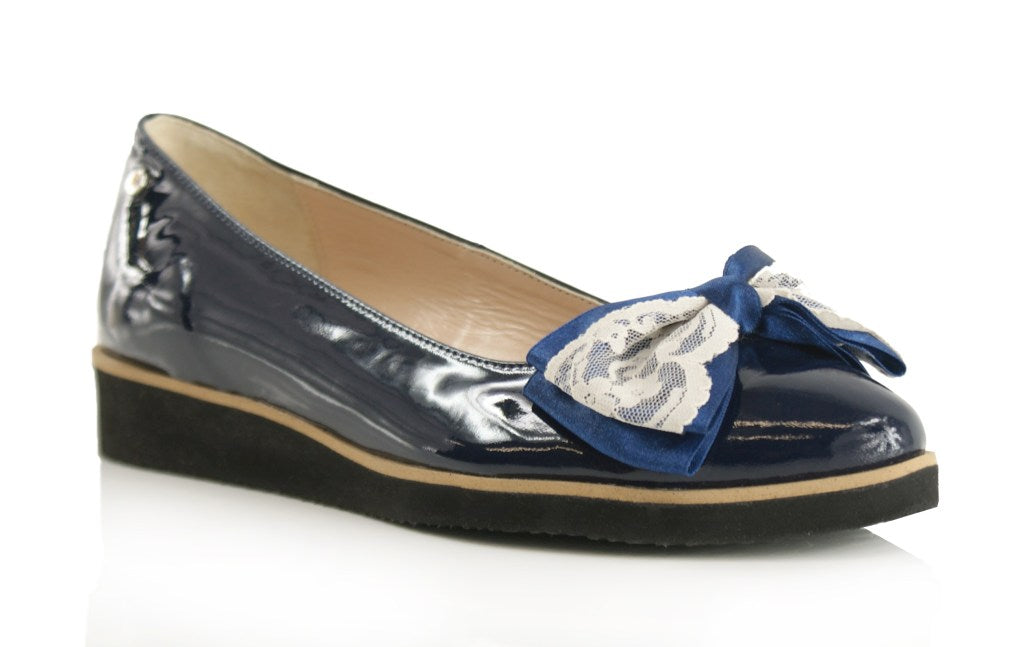 Bosccolo Womens Ballerina With Big Bow - Navy Blue Laquered/Lace
