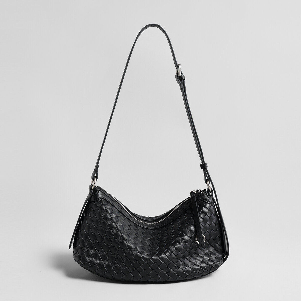 Woven Lambskin Leather Crescent Shoulder Bag - Black