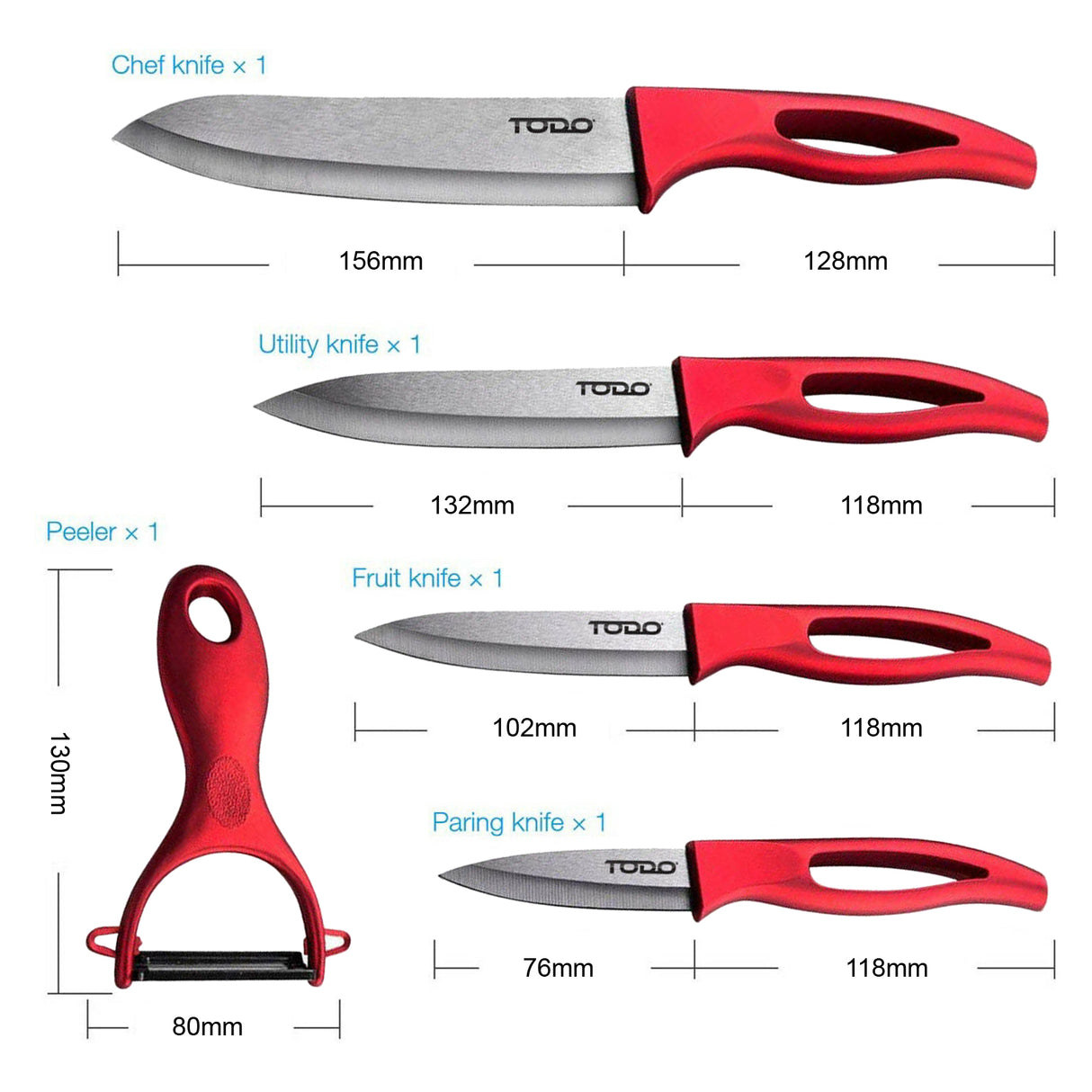 TODO 5 Pc Ceramic Knife + Peeler Set W/ Knive Stand Nano Zirconia Anti Bacterial Red