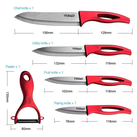 TODO 5 Pc Ceramic Knife + Peeler Set W/ Knive Stand Nano Zirconia Anti Bacterial Red