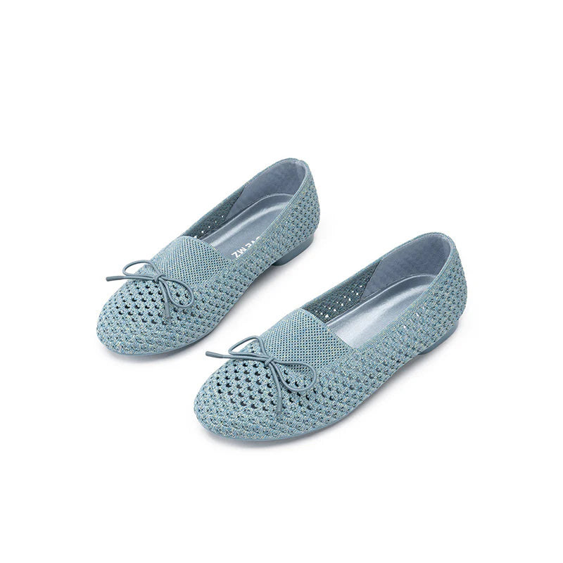 Bow Hollow Mesh Knit Round Toe Low Heel Flats - Blue