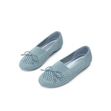Bow Hollow Mesh Knit Round Toe Low Heel Flats - Blue