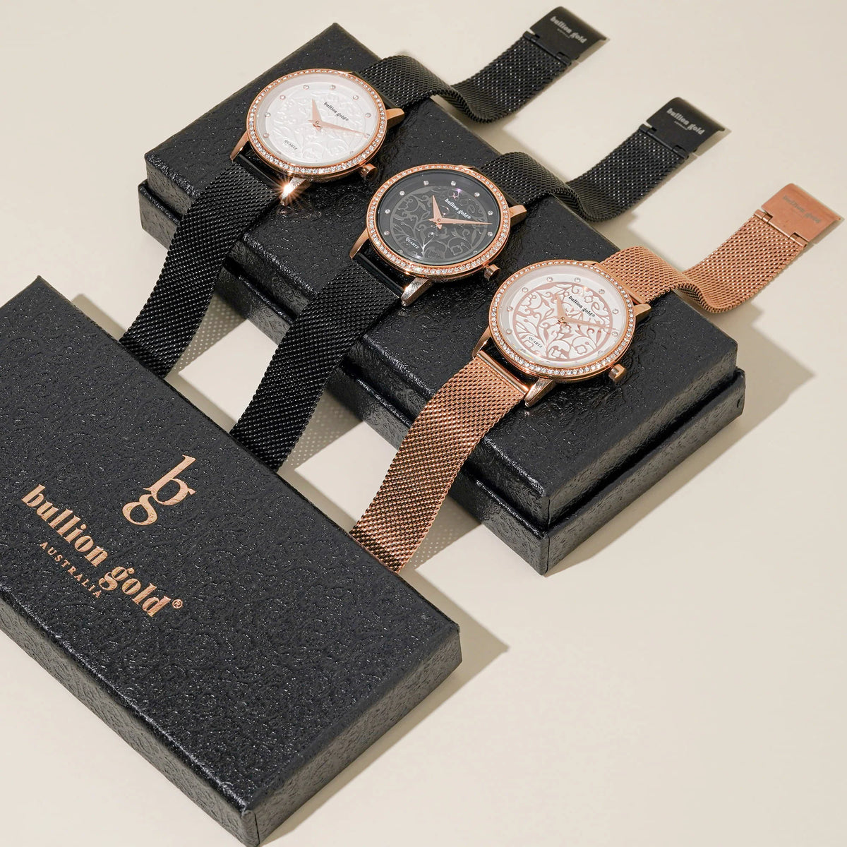 Boxed Bullion Gold Elite watch and Bracelet Set Embellished with Crystals in Rose Gold