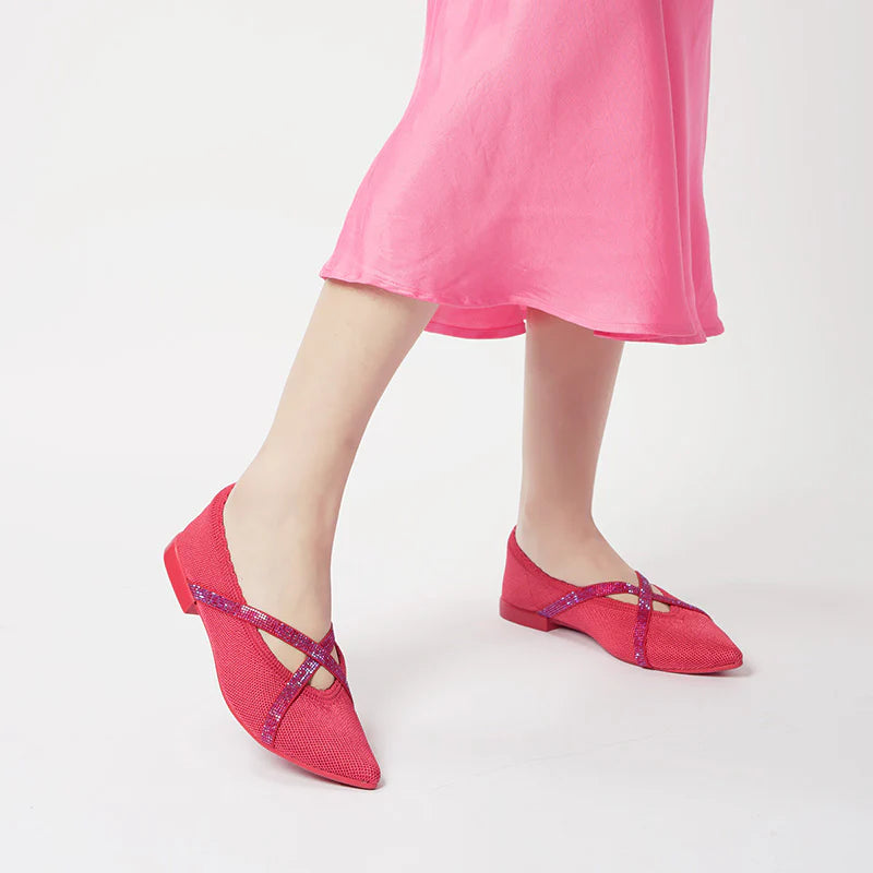Rhinestone Cross Strap Pointed Toe Knit Flats - Watermelon
