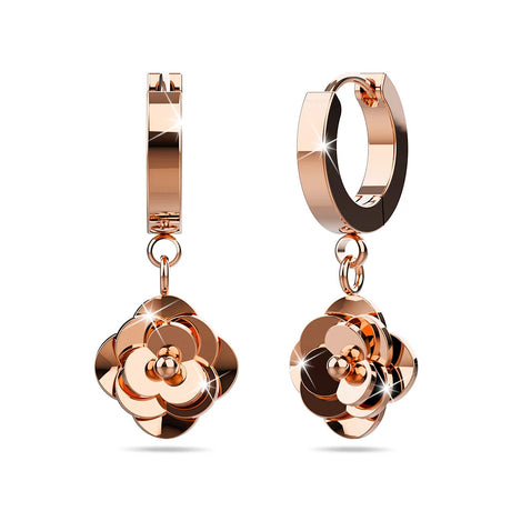 Bullion Gold Dainty Rose Layered in Rose Gold Stainless Steel Drop Earrings