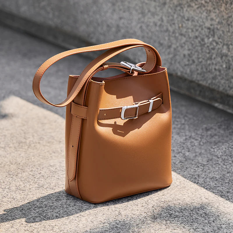 Nalandu Harper Leather Belt Accent Bucket Crossbody Bag - Brown