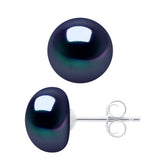 Earrings Button Freshwater Pearl Black White Gold 9-10mm