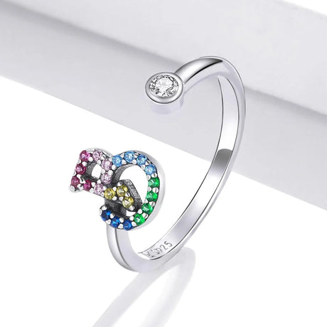 Adjustable Solid 925 Sterling Silver Colourful Rainbow Alphabet Letter Ring