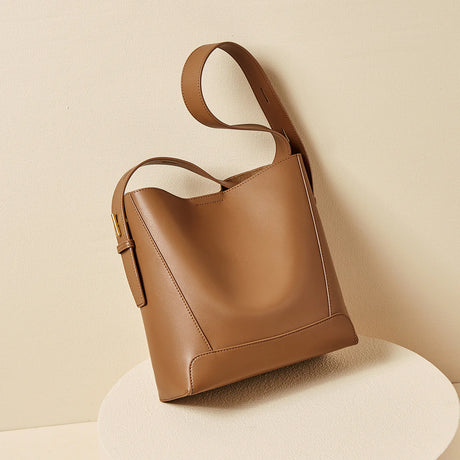 Nalandu Luxe Genuine Leather Bucket Tote Shoulder Bag - Brown