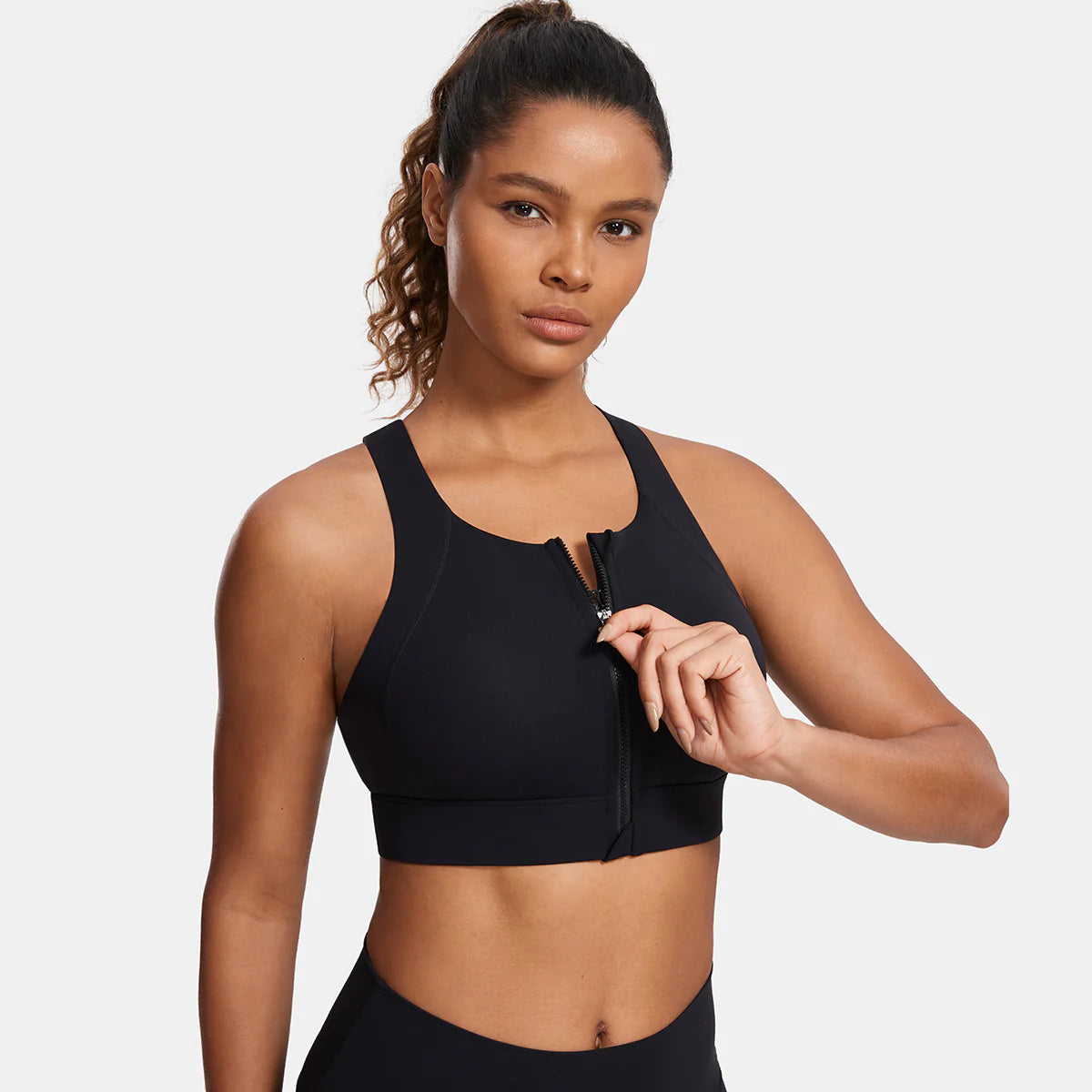 Power On Zip Front Racerback High Impact Sports Bra - Black