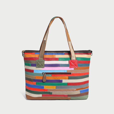 Colorful Hippie Floral Patchwork Leather Tote Bag - Rainbow