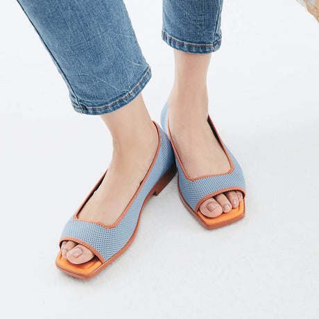 Colorblock Peep Toe Knit Flats - Blue