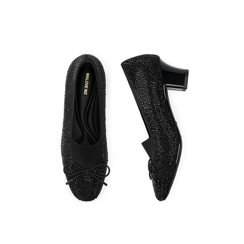 Rhinestone Bow Knit Round Toe Block Heel Pumps - Black