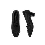 Rhinestone Bow Knit Round Toe Block Heel Pumps - Black