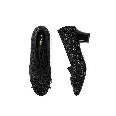 Rhinestone Bow Knit Round Toe Block Heel Pumps - Black