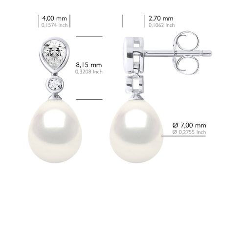 Earrings Real Cultured Freshwater Pearls Pear 7-8 mm - Natural White - Height Design Zirconia 0,60 cm