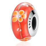 Solid 925 Sterling Silver Bright Orange Blossom Inclusion Murano Glass Charm