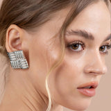 Bullion Gold Ridged Square White Gold layered Stud Earrings