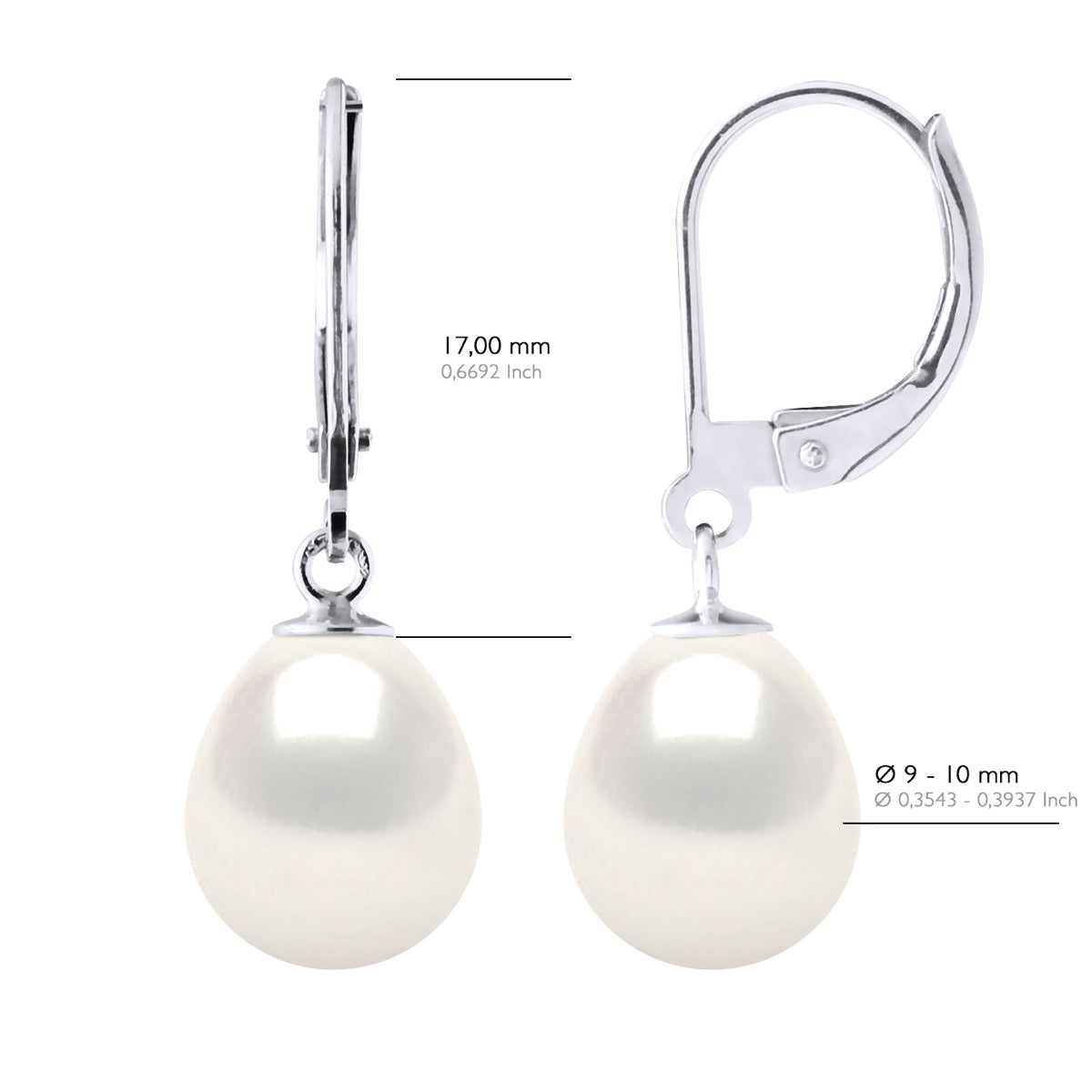 Earrings In White Gold 375 and Real Cultured Freshwater Pearls Pear 9-10 mm - Natural Pearl White - Longueur 42 cm