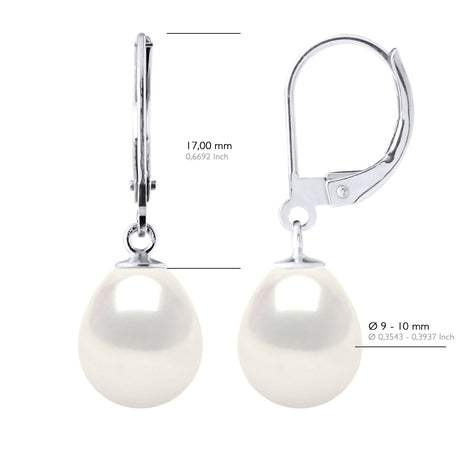 Earrings In White Gold 375 and Real Cultured Freshwater Pearls Pear 9-10 mm - Natural Pearl White - Longueur 42 cm