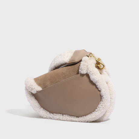 Beige Shearling Saddle Shoulder Bag - Beige