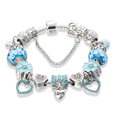 Pandora Inspired Full Set Beaded Charm Bracelet -  Silver/Blue