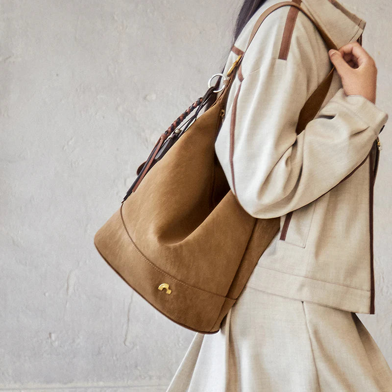 Nalandu Vintage Suede Hobo Bucket Bag - Camel