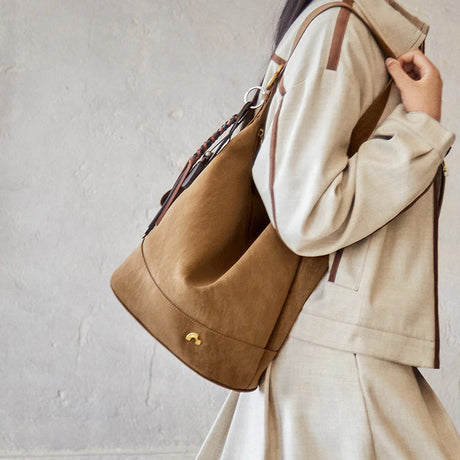 Nalandu Vintage Suede Hobo Bucket Bag - Camel