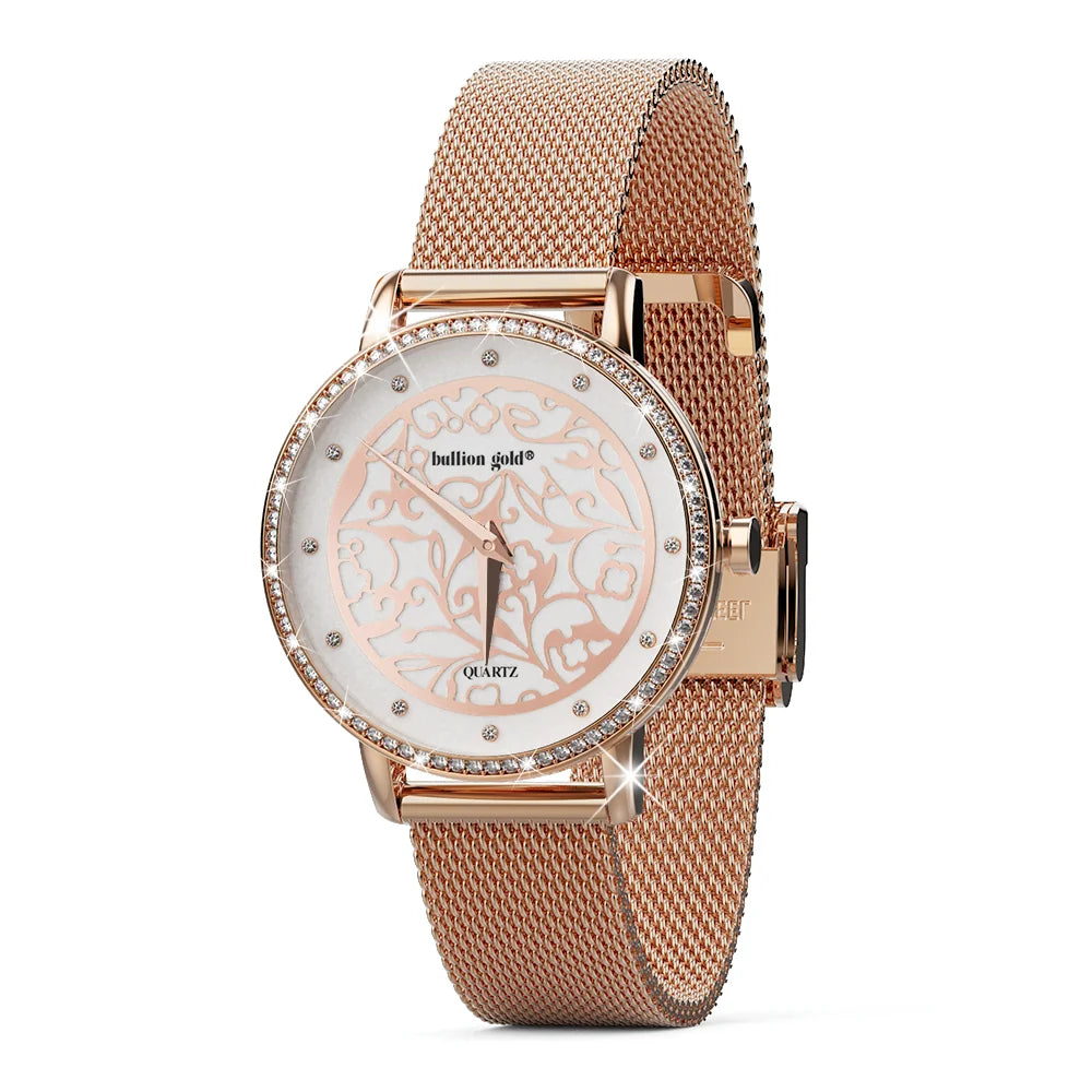 Boxed Bullion Gold Elite watch and Bracelet Set Embellished with Crystals in Rose Gold