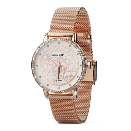 Boxed Bullion Gold Elite watch and Bracelet Set Embellished with Crystals in Rose Gold