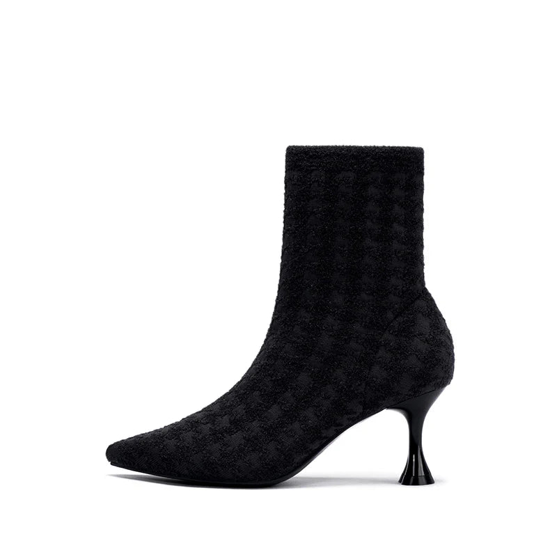 Pointed Toe Stiletto Heel Stretch Ankle Boots - Black