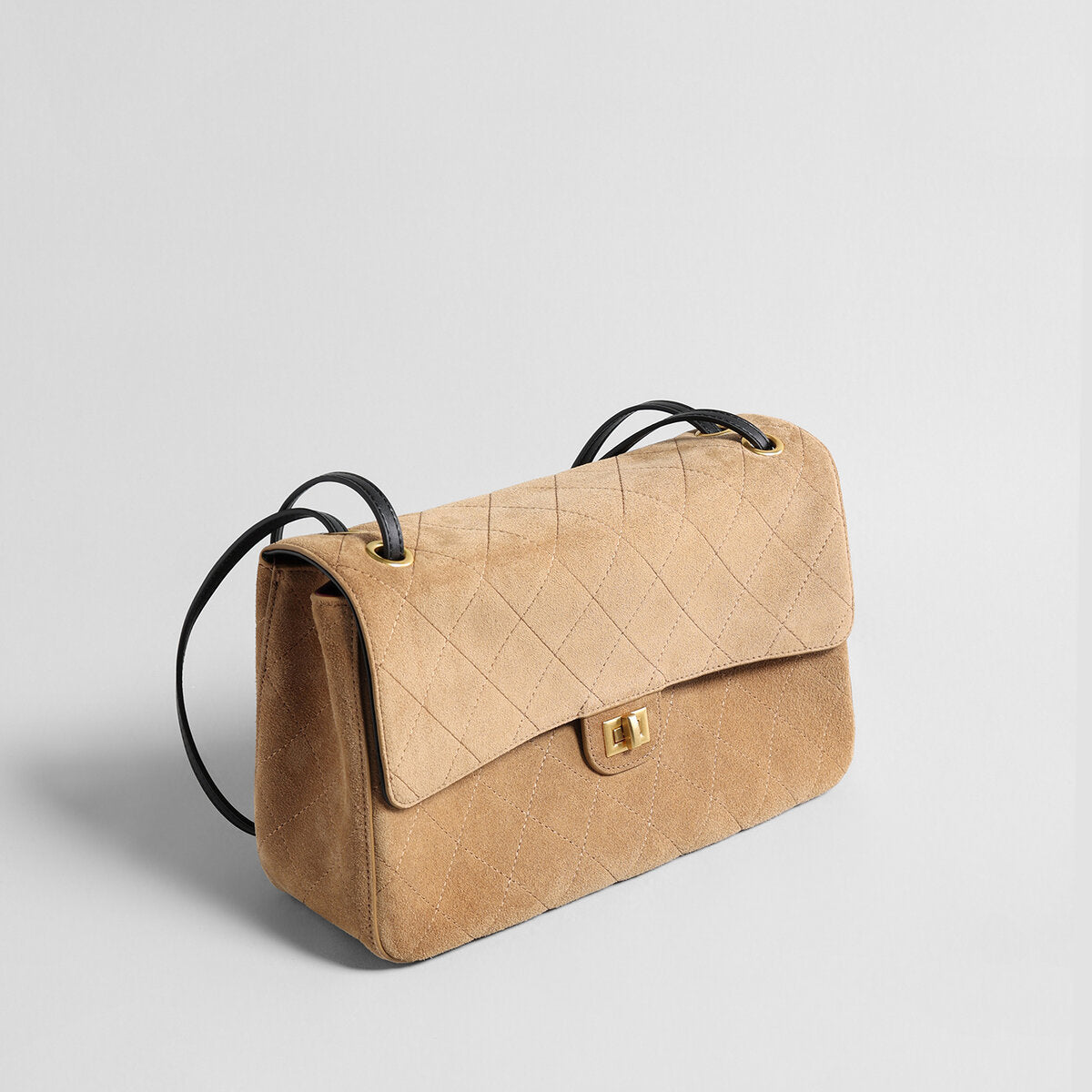 Quilted Suede Box Flap Bag - Camel