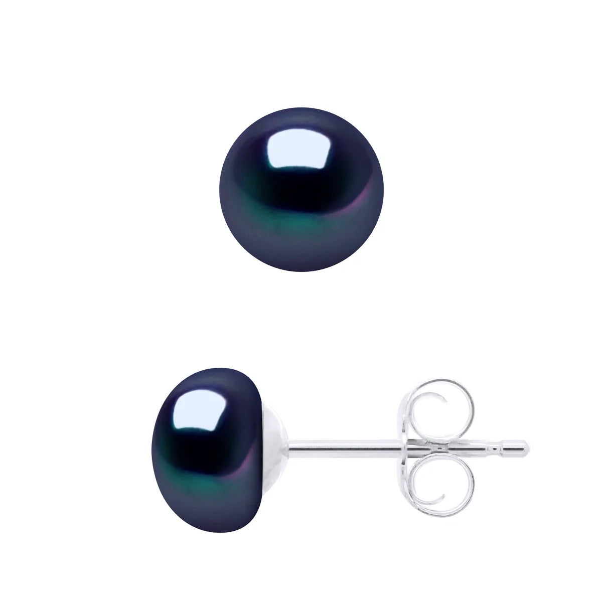 Earrings Button Freshwater Pearl Black Sterling Silver 6-7mm