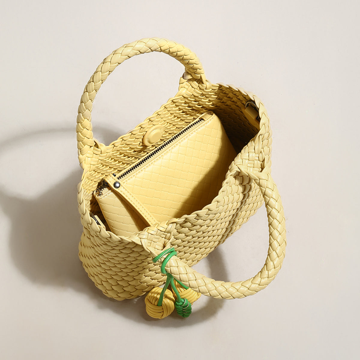 Happy Mini Woven Leather Top Handle Bag - Yellow