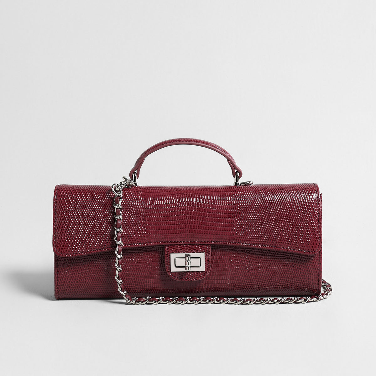 Lizard Embossed Leather Baguette Bag – Black Chain Shoulder Bag