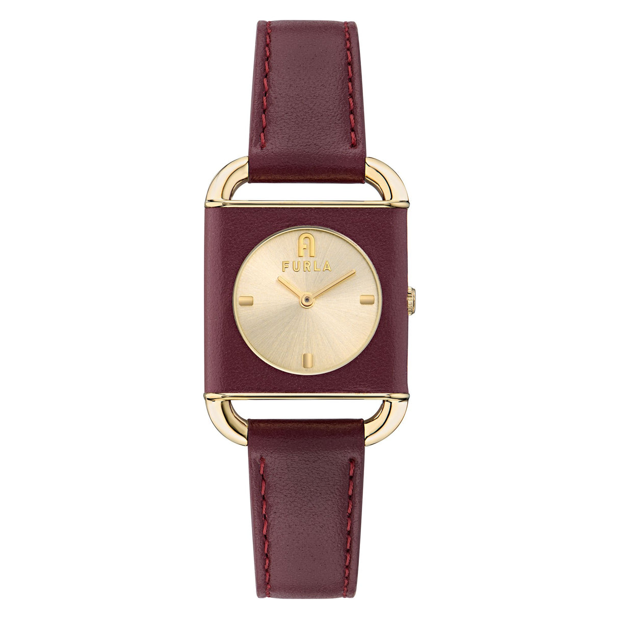 Furla Arco Square Gold-Tone Dark Red Leather Watch