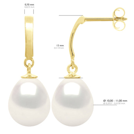 Earrings In Yellow Gold 375 and Real Cultured Freshwater Pearls Pear 10-11 mm - Natural Pearl White - Longueur 42 cm