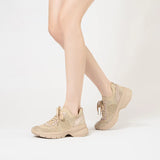 Rhinestone Mesh Knit Chunky Platform Sneakers - Beige