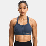 Zip Front Large Padded High Impact Sports Bra - Navy