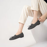Bow Hollow Mesh Knit Round Toe Low Heel Flats - Charcoal
