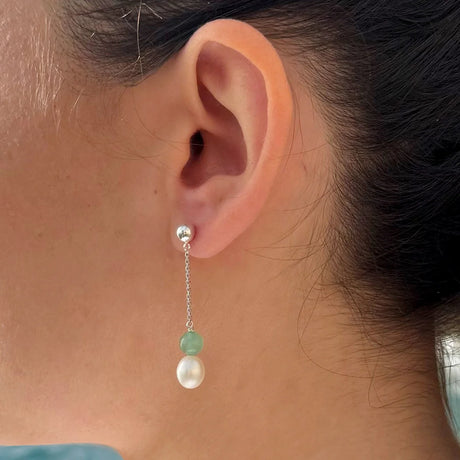 Drop Drop Earrings Freshwater Pearl & Aventurine White Sterling Silver