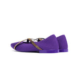 Rhinestone Cross Strap Pointed Toe Knit Flats - Purple