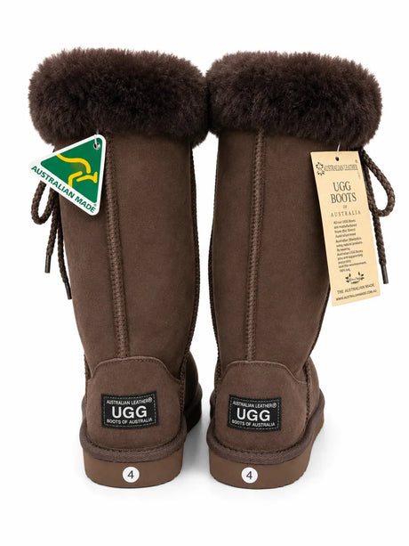 Australian Leather Ugg Tall Fur Cuff Lace Up - Chocolate - AU6