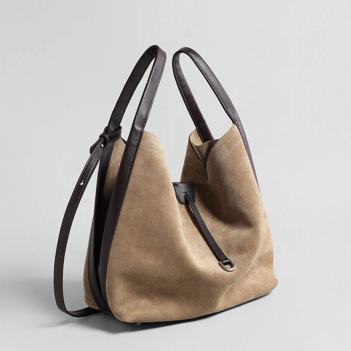 Suede Leather Slouchy Triangle Hobo Bag - Oat